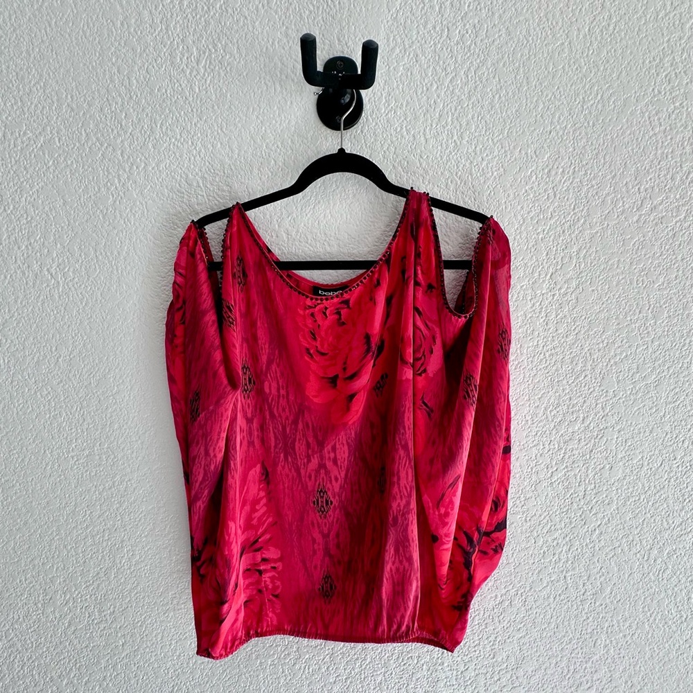 Bebe Red Asymmetrical Blouse with open shoulder design